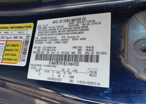 2019 Ford Mustang Ecoboost из США, поврежденный, VIN 1FA6P8TH1K5166433